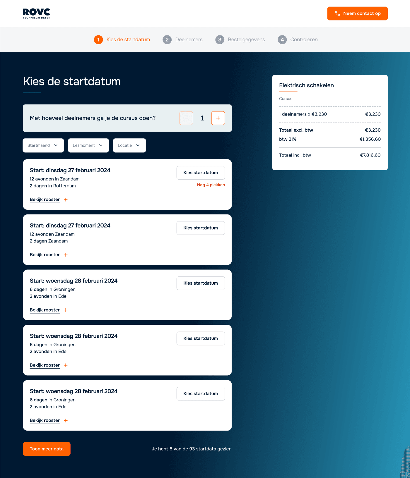 ROVC Bookingflow step 2 We creëerden vier nieuwe boekingsflows voor examens, cursussen, kennistesten en opleidingen.