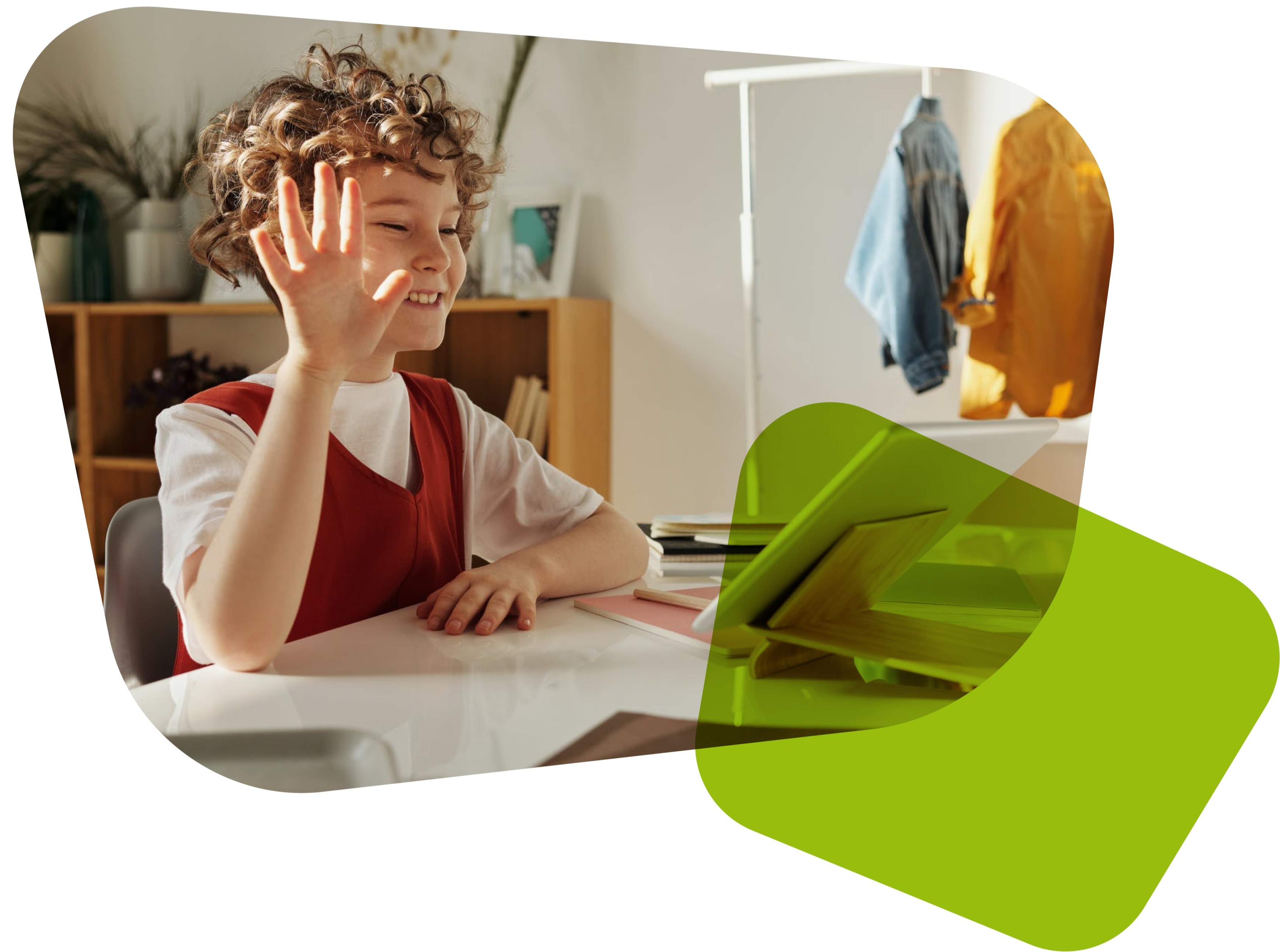 modern contentmodel thieme meulenhoff Sfeerafbeelding van kind achter ipad die zwaait