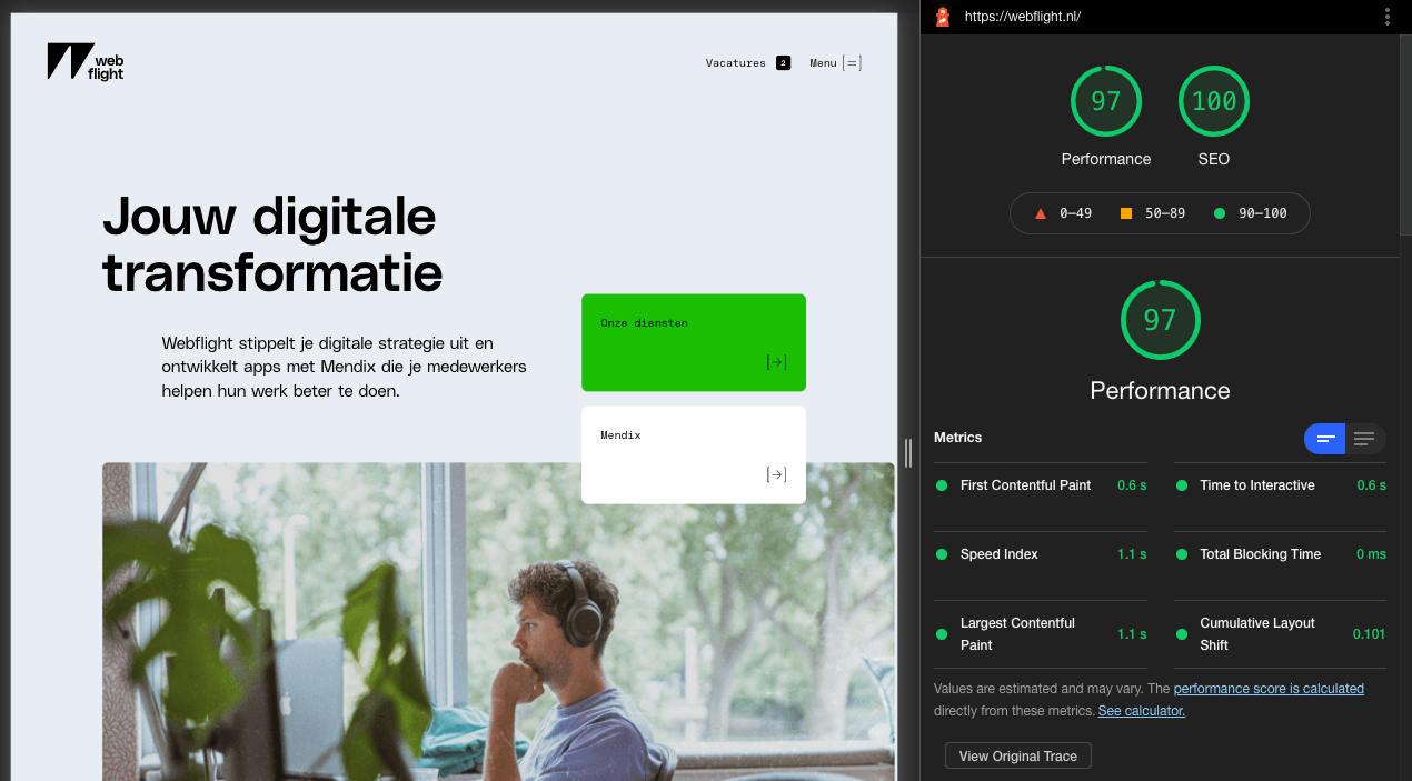 Headless CMS site performance Webflight lighthouse score